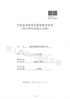 专业技术职务任职资格评审表 （用人单元内部公示版）